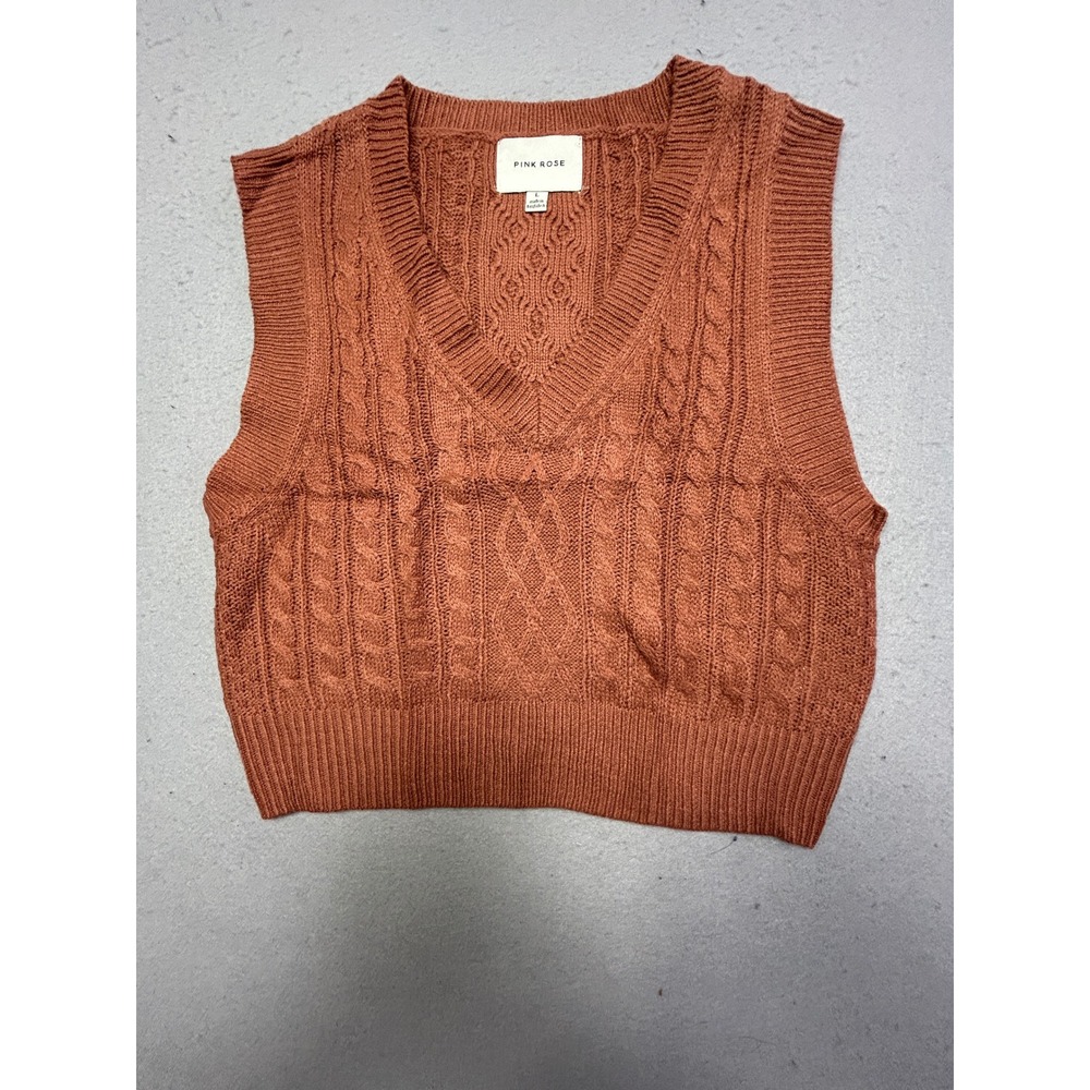 Pink Rose Sweater Vest Acrylic Cable Knit Rust Brown Large Womens